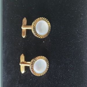 Vintage Gold Tone Cufflinks White Inset Round Classic Mid Century Men’s